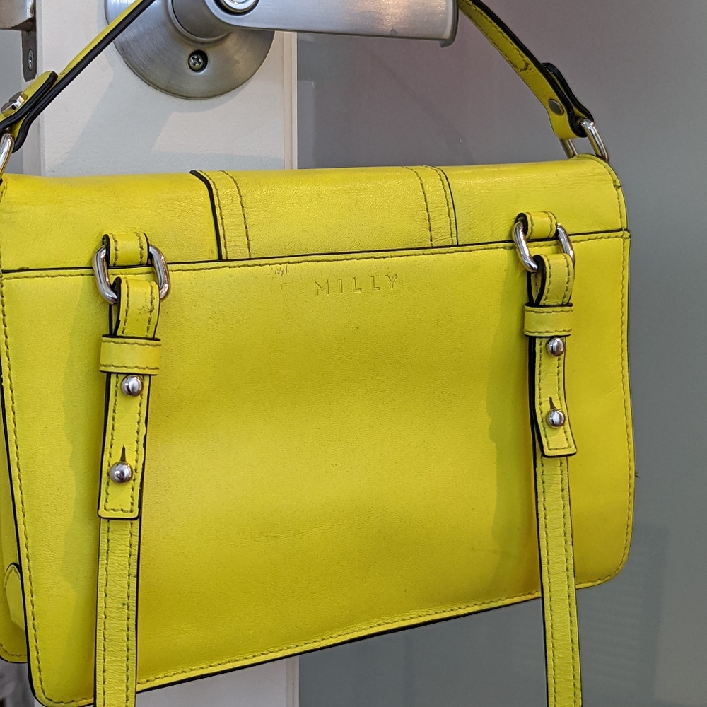 MILLY Neon Yellow Lime Leather Cross Body Luxe Buckle Bag - Picture 7 of 12